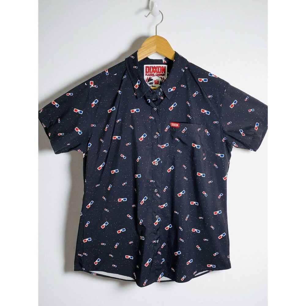 DIXXON Black Short-Sleeve Button-Up Shirt with Red & Blue Sunglasses Motif